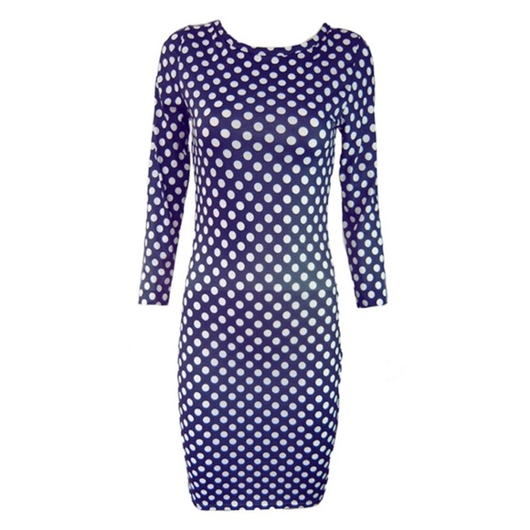 Navy Blue Polka Dot Midi Bodycon Dress S Size - Picture 3 of 7